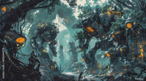 A cybernetic jungle where biomechanical flora and fauna intertwine with pulsating neon foliage, while robotic creatures stalk through the underbrush amidst the ruins of a long-forgotten civilization photo