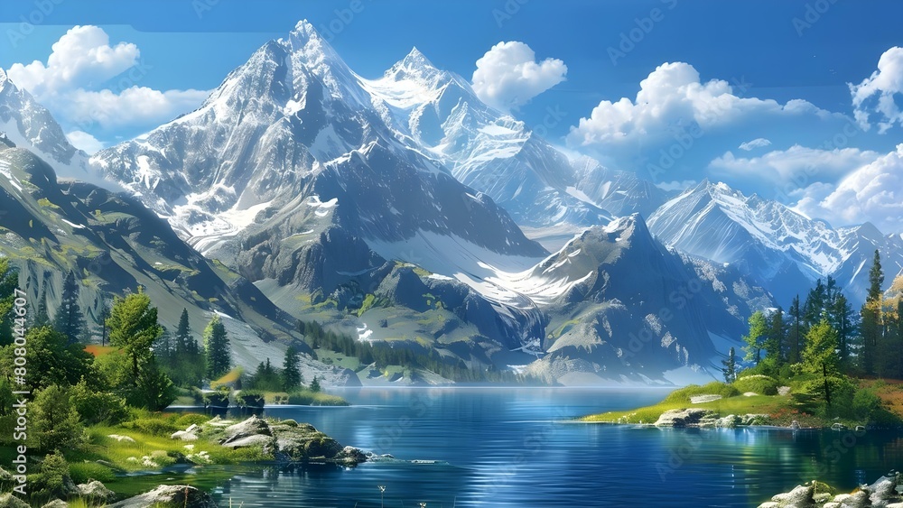 Majestic mountain landscape with snowcapped peaks lake and clear blue sky. Concept Mountain Landscapes, Snowcapped Peaks, Lakes, Blue Sky, Majestic Views