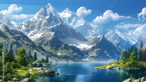 Majestic mountain landscape with snowcapped peaks lake and clear blue sky. Concept Mountain Landscapes  Snowcapped Peaks  Lakes  Blue Sky  Majestic Views