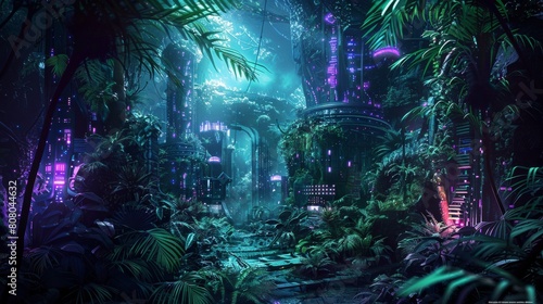 A cybernetic jungle where biomechanical flora and fauna intertwine with pulsating neon foliage  while robotic creatures stalk through the underbrush amidst the ruins of a long-forgotten civilization