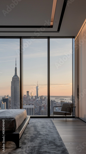 A spacious bedroom with minimalist decor and a panoramic view of the city skyline through floor-to-ceiling windows. The room features a bed with a sleek, black frame and high-quality, grey bedding.  © baseer