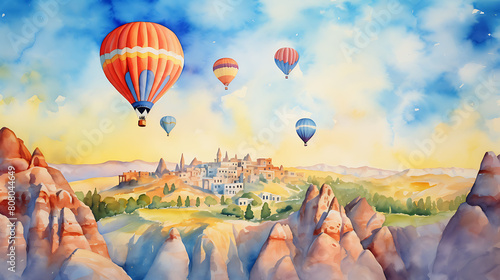 Craft a watercolor background featuring an early morning balloon ride over Cappadocia's fairy chimneys photo
