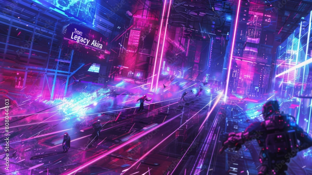 A cybernetic arena where futuristic gladiators battle amidst a neon-lit spectacle of flashing lights and pulsating music