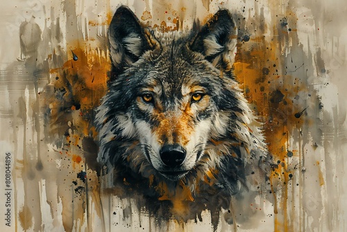 Wolf portrait on grunge background,  Digital art painting,  Animal portrait