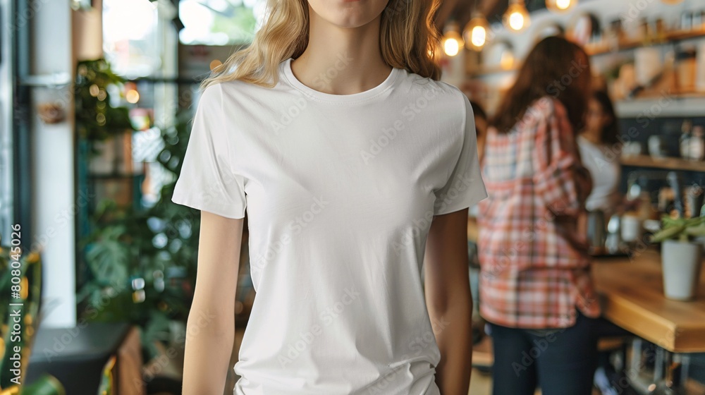 Young Model Shirt Mockup woman wearing white tshirt in coffee shop in daylight Shirt Mockup Templat Young Model Shirt Mockup woman wearing white tshirt in coffee shop in daylight Shirt Mockup Templat