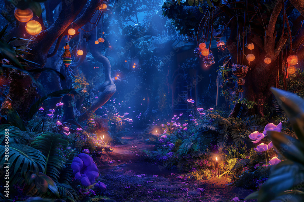 Fototapeta premium Magical landscapes comes to life, with glowing plants and whimsical creatures