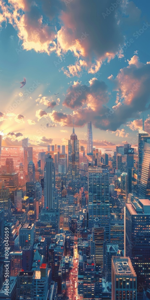 Fototapeta premium A beautiful cityscape of New York City with the sun rising over the buildings