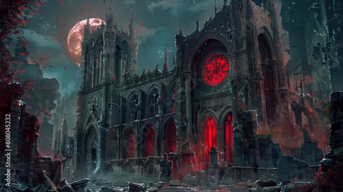 A crumbling gothic cathedral bathed in blood-red moonlight in the style of gothic illustration, 19th-century style, featuring grotesque gargoyles leering from its towers
