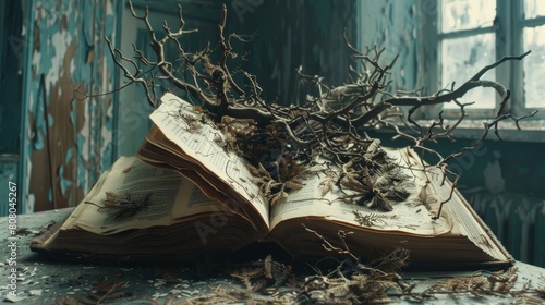 A crumbling book of forgotten spells in the style of dreamy surrealist compositions, twisted branches growing from its pages, flowing fabrics woven with faded symbols, photography installations as gli photo
