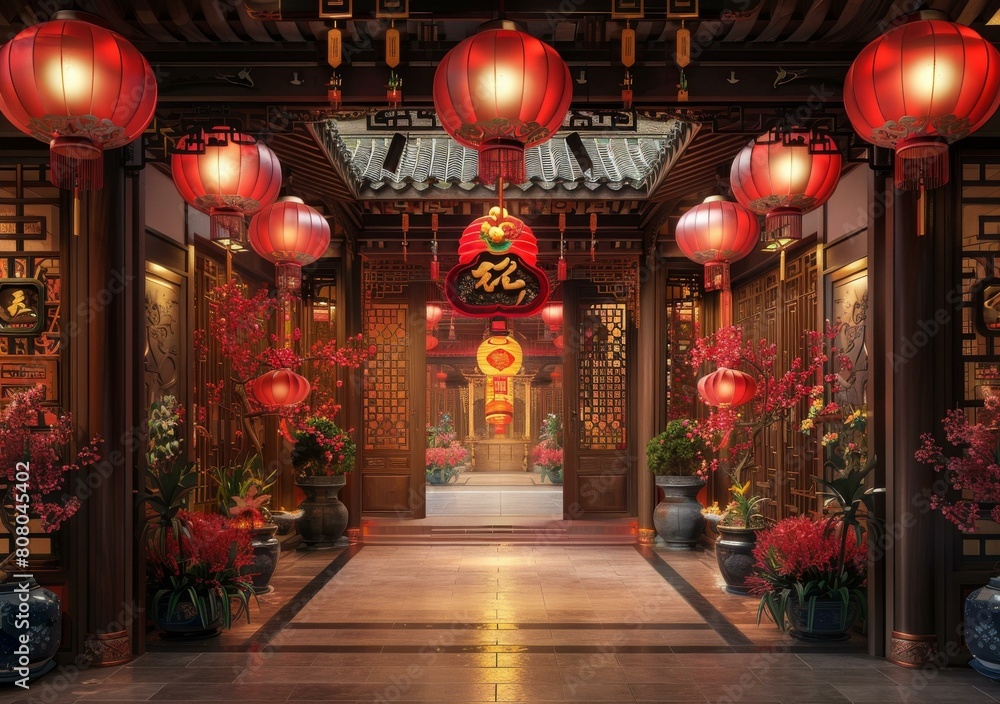 Chinese courtyard with red lanterns and flowers