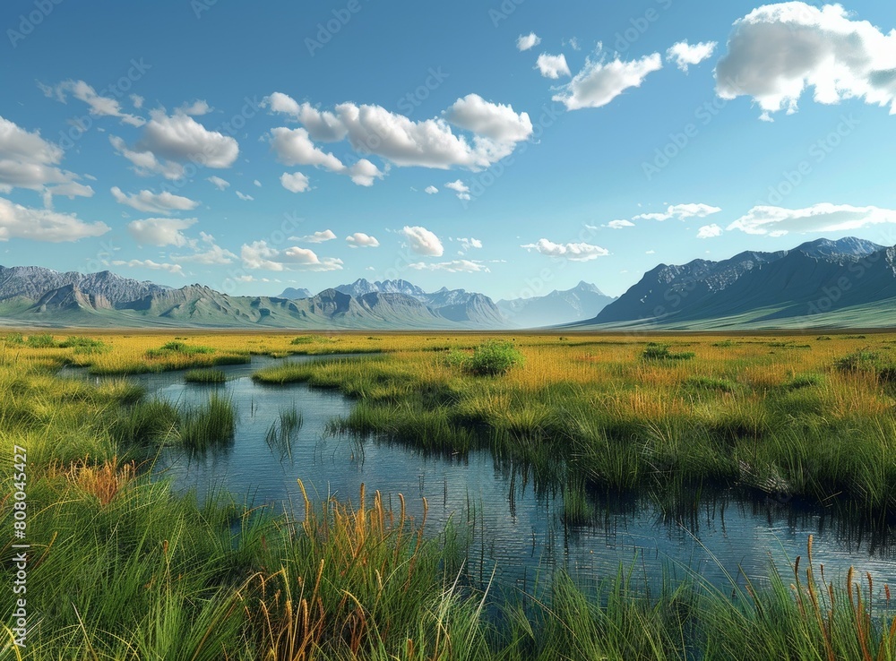 A tranquil scene of a vast wetland with distant mountains under a blue sky A tranquil scene of a vast wetland with distant mountains under a blue sky
