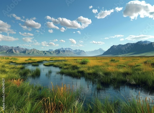 A tranquil scene of a vast wetland with distant mountains under a blue sky