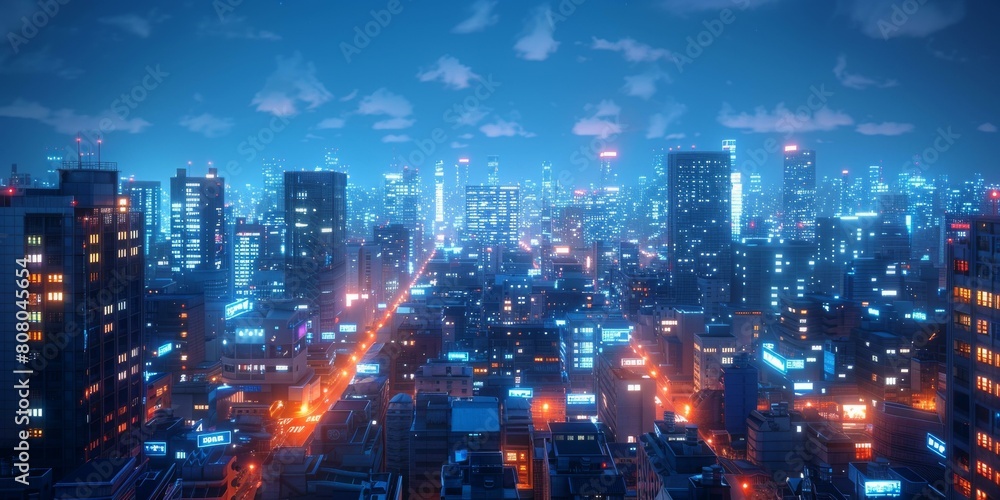 A Cyberpunk City at Night with Blue and Purple Neon Lights