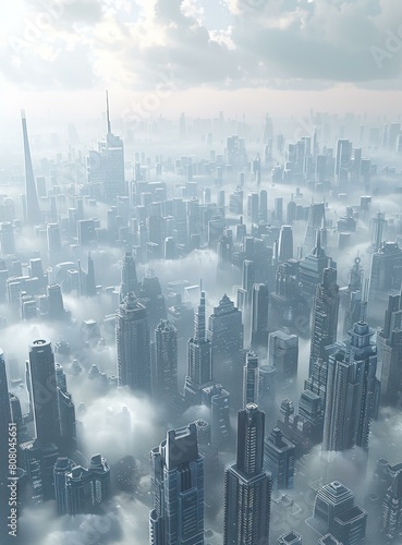 Aä¿¯çž°å›¾of a futuristic city with skyscrapers and clouds