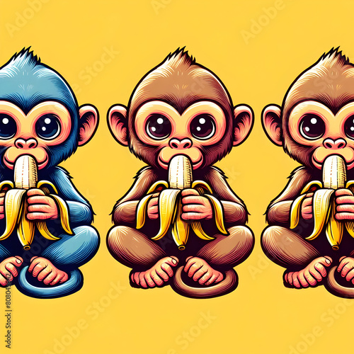 Cartoon design three monkeys eating cute banana,Peel of Laughter Three Cartoon Monkeys with Bananas.


 photo