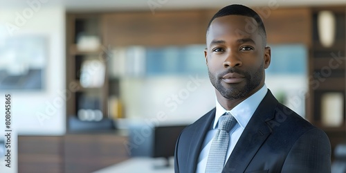 Confident African American man in a suit standing confidently in a legal office. Concept Confident, African American, Businessman, Legal Office, Suit photo