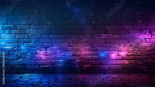 Vibrant city skyline against starry night sky with brick wall and copy space. Concept Night Sky  City Skyline  Brick Wall  Copy Space  Vibrant Colors