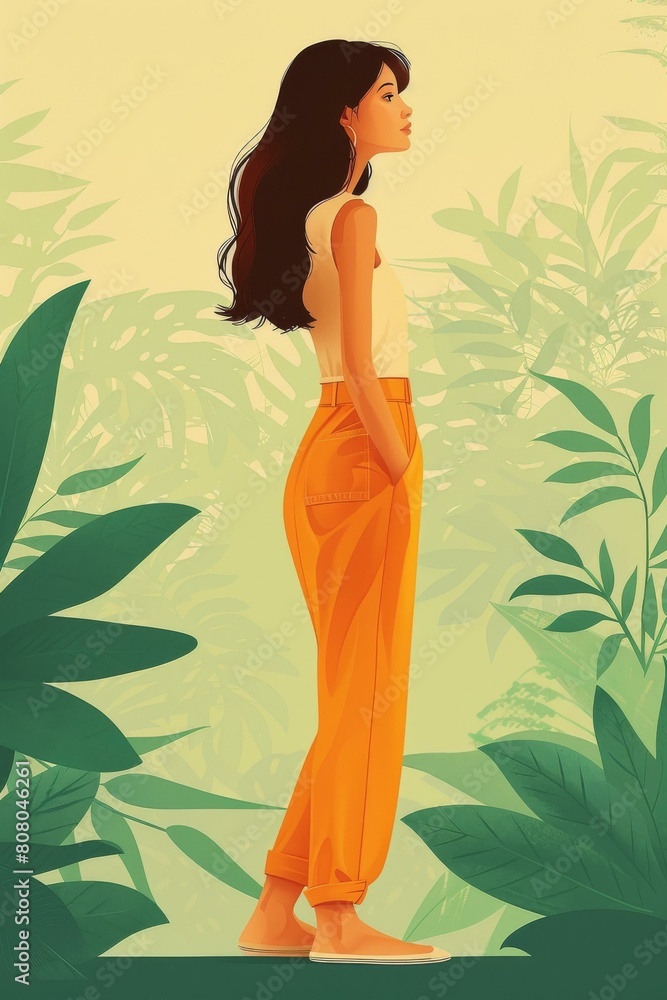 A woman standing in front of a lush green jungle background A woman standing in front of a lush green jungle background