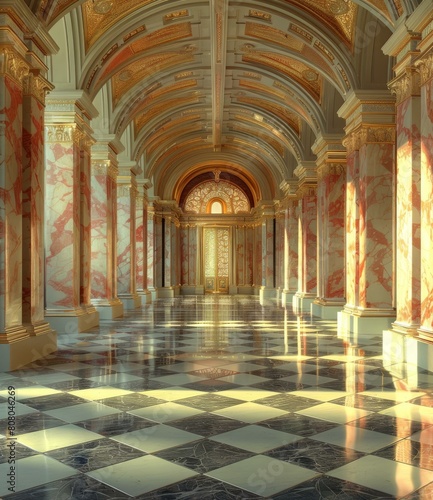 ornate hallway with marble columns and checkered floor