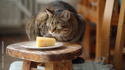 A tubby tabby cat perched on a stool, eyeing a plate of cheese with anticipation photo