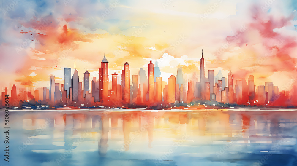 a watercolor background featuring an iconic skyline of a major city at sunrise, with soft light washing over the buildings