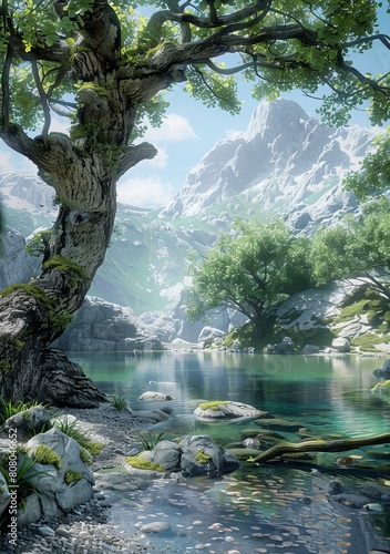Fantasy landscape with mountains  lake and trees