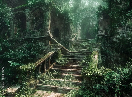 Overgrown ruins of an ancient temple in the jungle