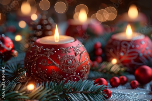 Christmas candles burning brightly with ornaments and pine
