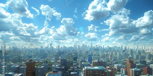 A cityscape image of a large North American city with skyscrapers and a blue sky