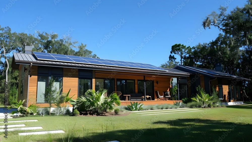 Eco-Friendly Home with Solar Panels under Clear Skies. Concept Eco-Friendly Living, Solar Power, Home Efficiency, Environmental Design, Sustainable Lifestyle