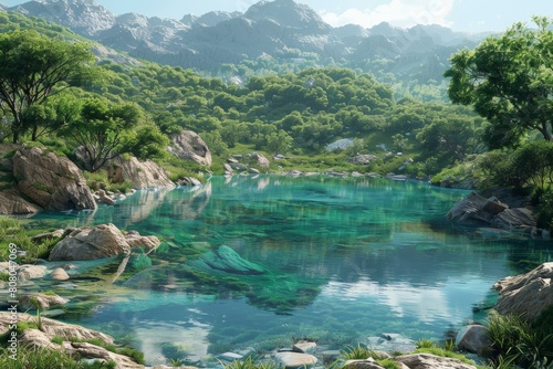 Tranquil mountain lake in a valley with large rocks and green trees on the shore