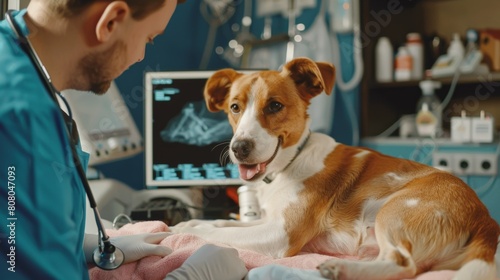 A vet conducting an ultrasound on a pregnant dog to monitor puppies' development