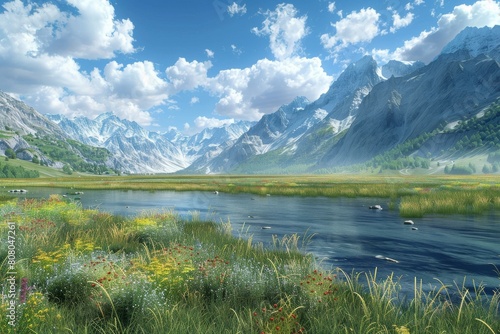 Alpine valley with river and flowers