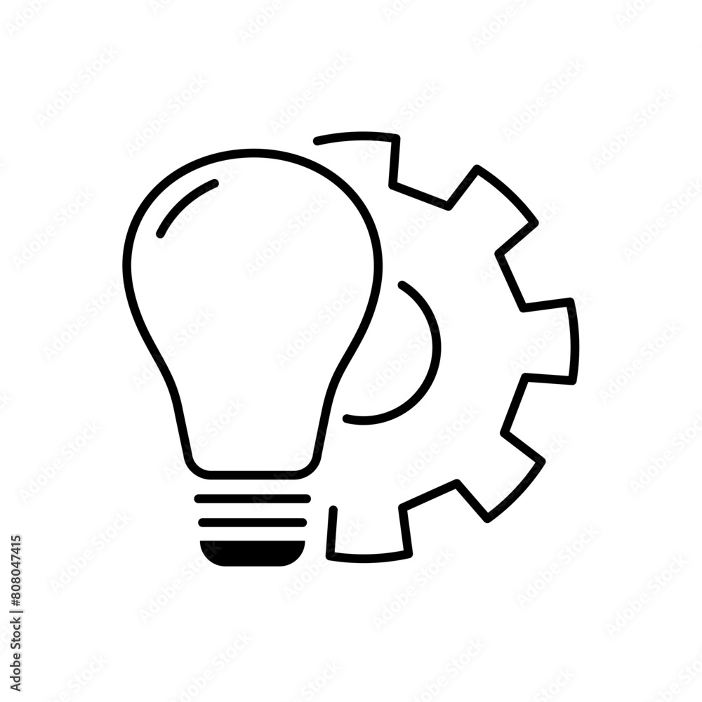 Bulb lamp and gear outline icon. Business solution, innovation concept. Editable stroke. Isolated vector illustration Bulb lamp and gear outline icon. Business solution, innovation concept. Editable stroke. Isolated vector illustration