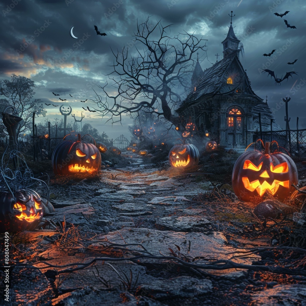 Spooky Halloween Night With Scary Pumpkins And Haunted House Spooky Halloween Night With Scary Pumpkins And Haunted House