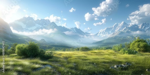 A verdant valley with snow-capped mountains in the distance