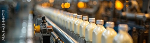 A line of milk bottles are being produced in a factory. The bottles are white and have a clear plastic cap. The factory is likely a dairy processing plant photo