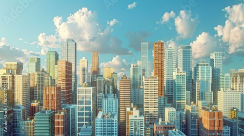 A cityscape with many skyscrapers under a blue sky with white clouds