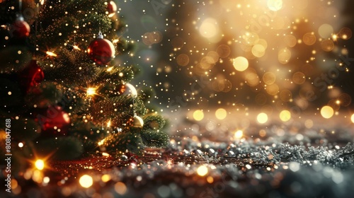 Christmas tree with red and gold ornaments and a blurred background