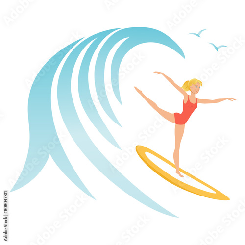 Girl dancing ballet on a surfboard riding a big wave.