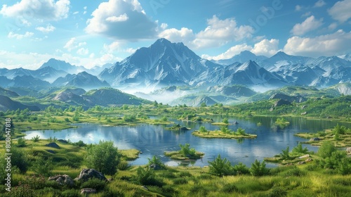 Mountains, lake and green fields photo