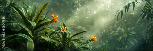 Ein tropischer Regenwald mid Pflanzen und Blumen