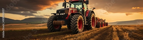 A tractor is driving through a field of dry grass. The tractor is red and black and has a large tire. The sky is cloudy and the sun is setting
