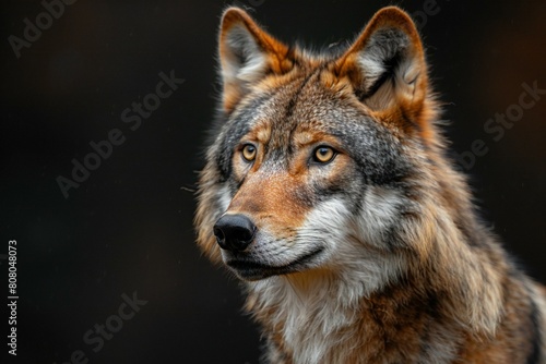Portrait of grey wolf  Canis lupus  on dark background