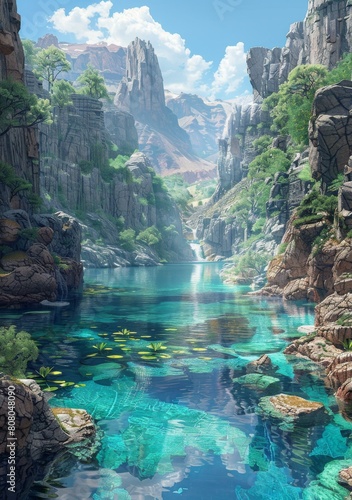 Fantasy landscape with a river flowing through a valley