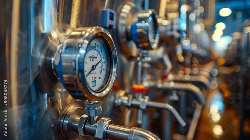 A series of valves and gauges are shown in a factory setting. The gauges are all different sizes and shapes, and they are all connected to pipes. Concept of precision and order, as the valves A series of valves and gauges are shown in a factory setting. The gauges are all different sizes and shapes, and they are all connected to pipes. Concept of precision and order, as the valves