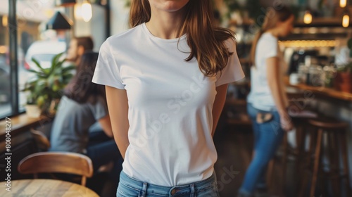 Young Model Shirt Mockup woman wearing white tshirt in coffee shop in daylight Shirt Mockup Templat photo