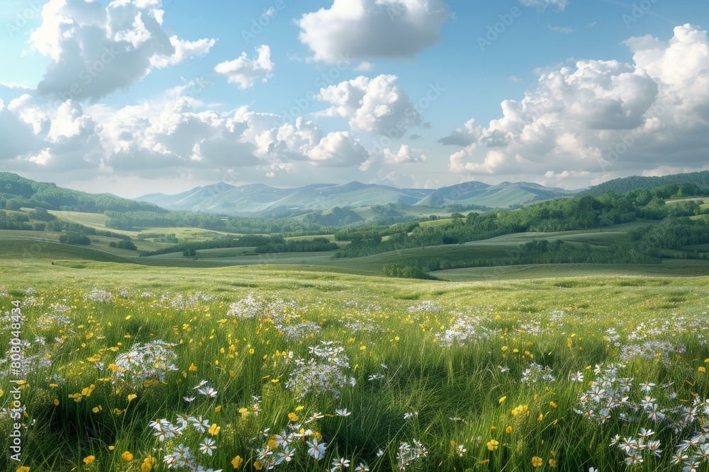 Landscape with green fields and mountains in the distance Landscape with green fields and mountains in the distance