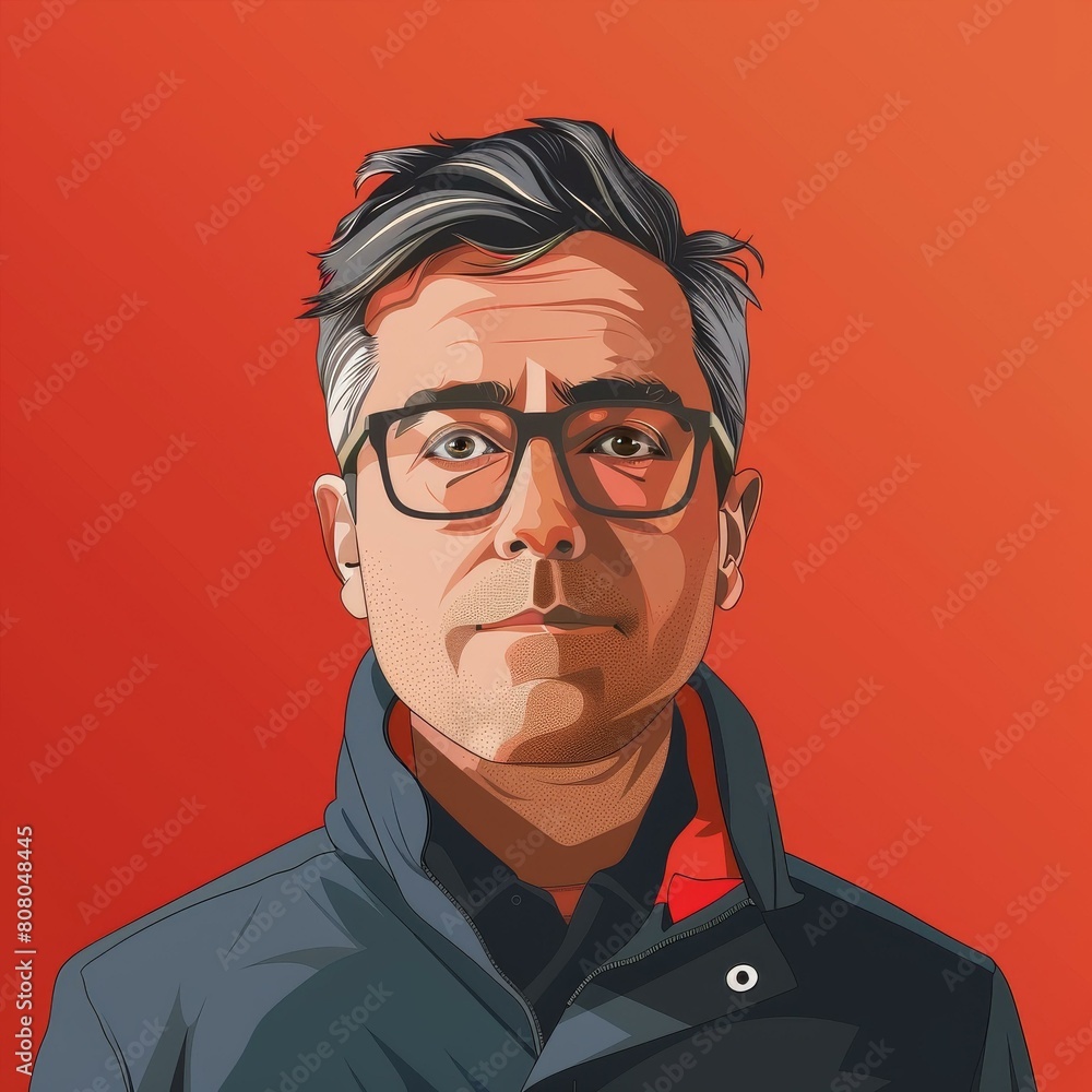 A digital painting of a man with short dark hair and glasses wearing a black jacket. A digital painting of a man with short dark hair and glasses wearing a black jacket.