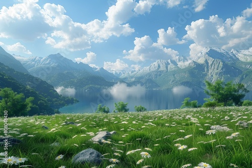 Tranquil mountain lake and blooming chamomile flowers photo